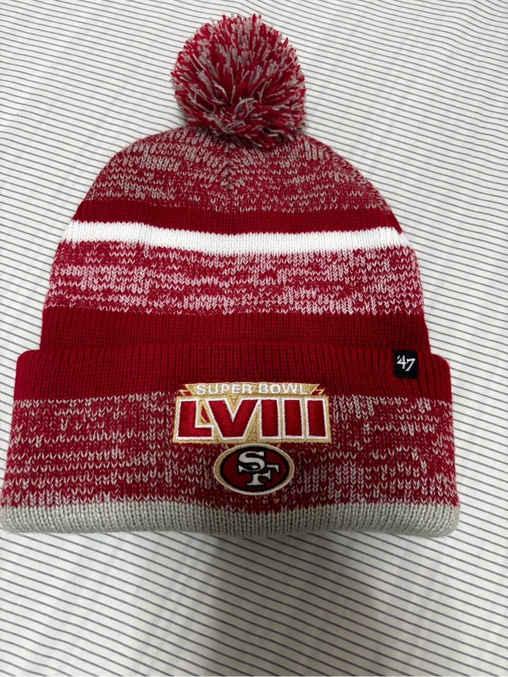 47 Kids San Francisco 49ers Red & White Super Bowl LVIII Pom Beanie